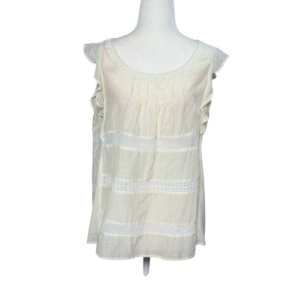 NEW LOFT Womens M Blouse Silk White Lace Trim Embroidered Flutter Sleeve Top - Picture 2 of 10